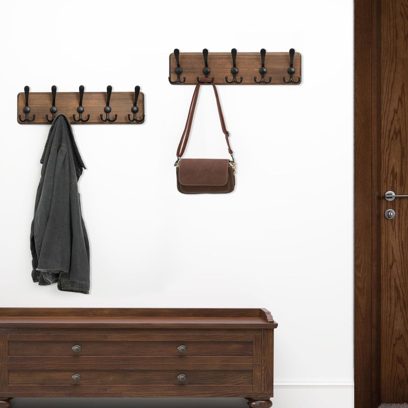 WEBI Rustic Coat Rack Wall Mounted,Wood Coat Hanger Wall,5 Coat Hooks,16" Hole to Hole,Hook Rack Rail,5 Triple Hooks for Hanging Jacket,Clothes,Hats,Entryway,Brown,2 Packs - Image 3
